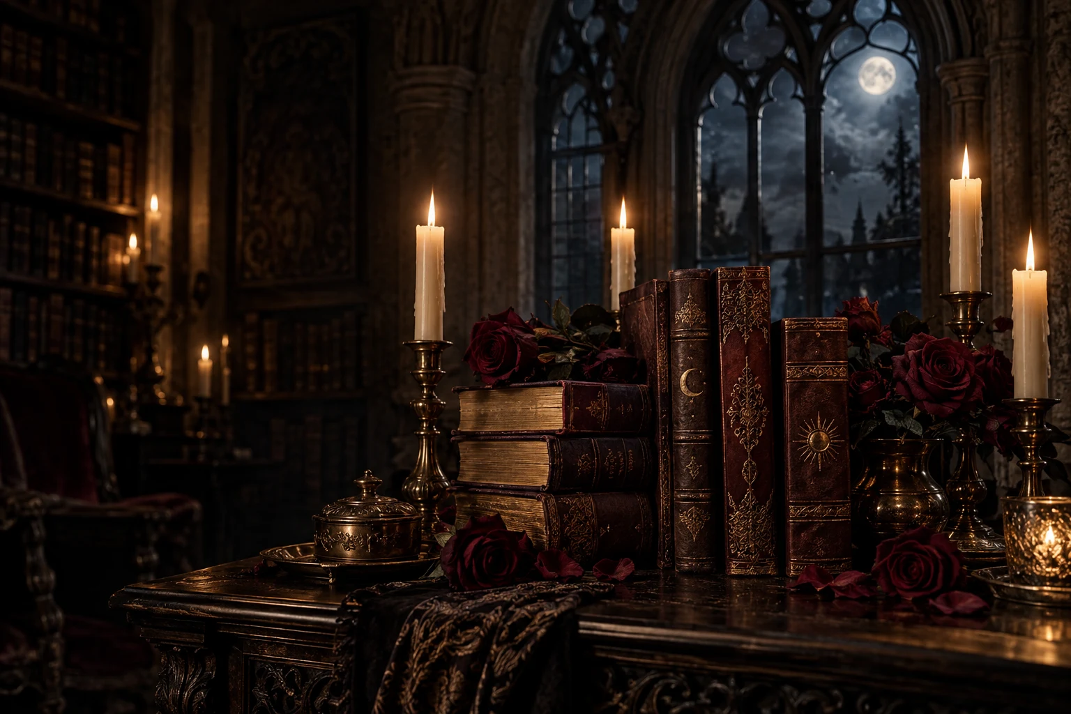 Crimson roses, antique books, and glowing candles in a moonlit gothic library